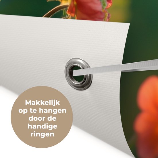Tuinposter 40x30 cm - Tuindecoratie Bloemenveld - Zonnestralen - Oranje - Poster voor in de tuin - Buiten decoratie - Schutting tuinschilderij - Tuindoek muurdecoratie - Wanddecoratie balkondoek