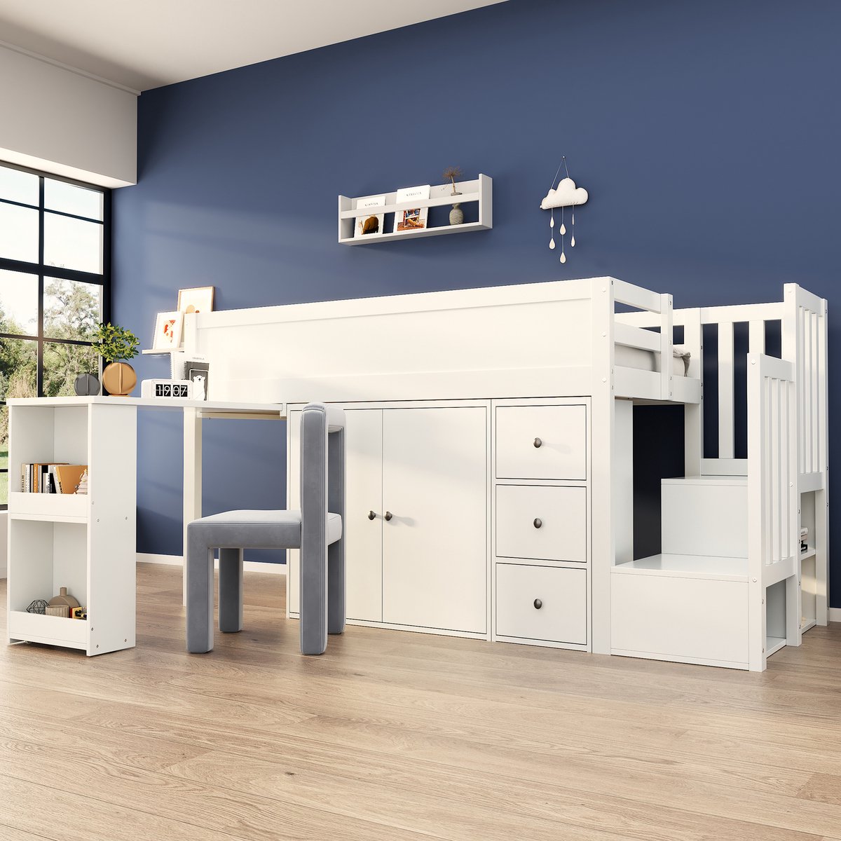 Pugsdrly Hoogslaper voor kinderen, multifunctioneel kinderbed, met uitschuifbaar bureau en opbergvak aan de zijkant, met kast, met lade, met trap en trapkast, zonder matras, MDF, wit 90*200