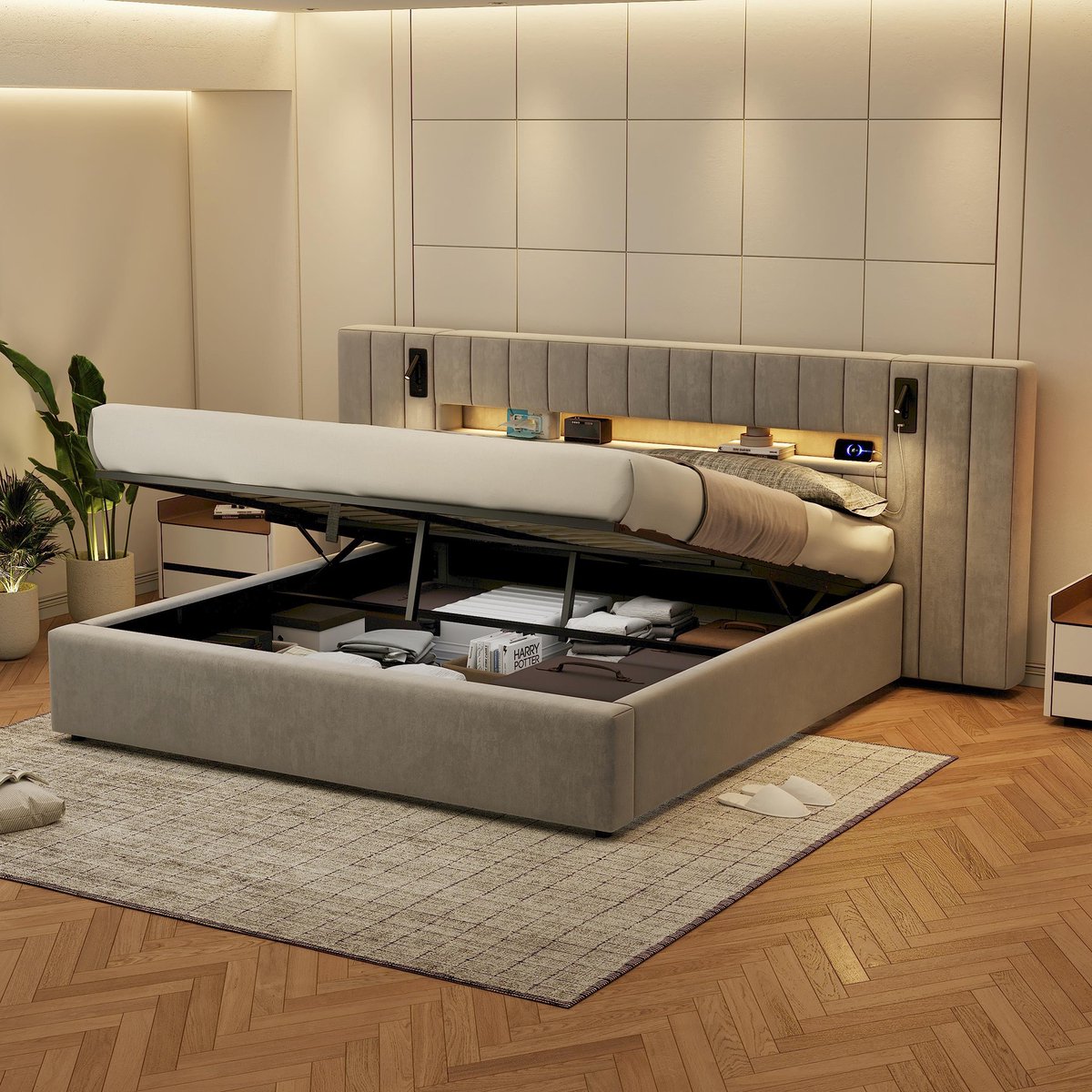 Pugsdrly Bedframe 180 x 200 cm met USB-aansluiting, gestoffeerd bed, tweepersoonsbed, bed met opbergruimte, functioneel bed, met LED-verlichting, met nachtlampje, met opbergruimte, zonder matras, fluweel, grijs