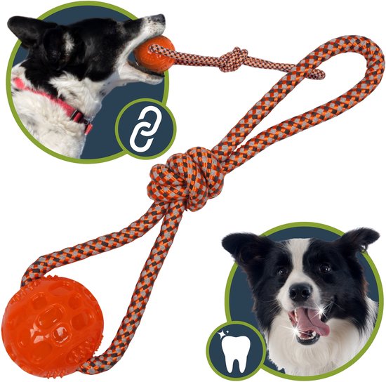Jouet à tirer pour chien avec balle, robuste, 35 cm, jouet de récupération 3 en 1, corde en coton
