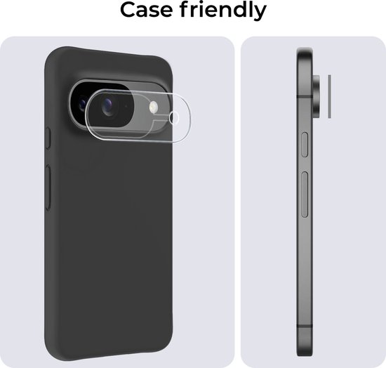 Zwarte telefoon met cameralens protector in een zwart hoesje, en zijaanzicht van de telefoon.
