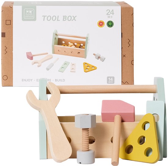 Speelgoedtopdeals - Houten Gereedschapskist - 14 delig - Rollenspel - Montessori Educatief Speelgoed