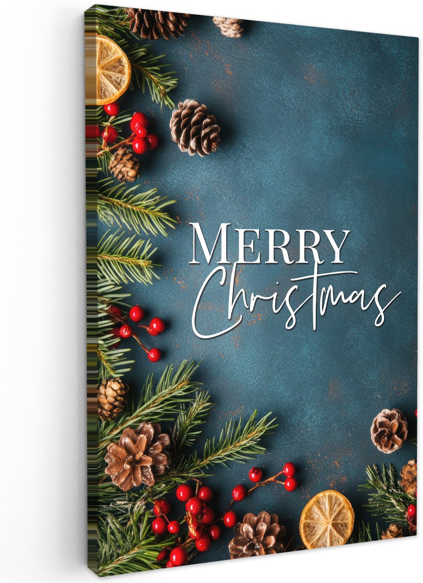 Tuinschilderij voor buiten 100x150 cm - Tuindecoratie Merry Christmas - Blauw - Kerst - Winter - Tuinposter op canvas - Tuin muurdecoratie - Buitenschilderij decoratie - Schutting wanddecoratie - Buitencanvas - Kerstversiering - Kerstdecoratie