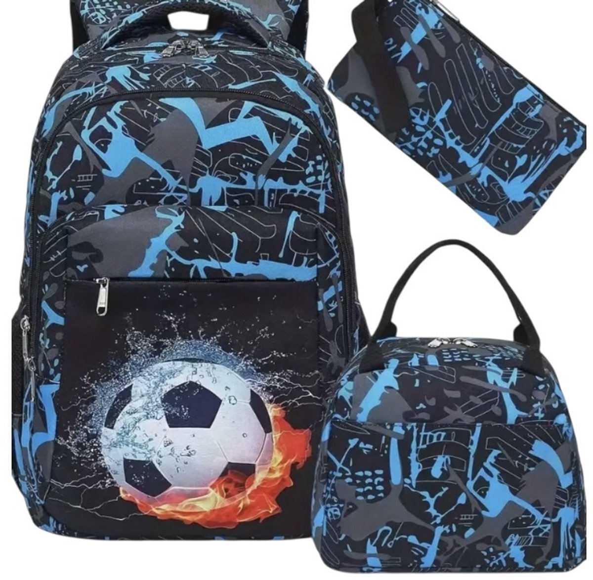 Twenty Two 3-delige schooltassen set | rugtas + etui + lunchtas voor jongens/meiden | brugklas | school | schooltas met voetbal print | 3 stuks | schoolrugzak voor kinderen | sporttas |31x20x46cm| blauw-zwart