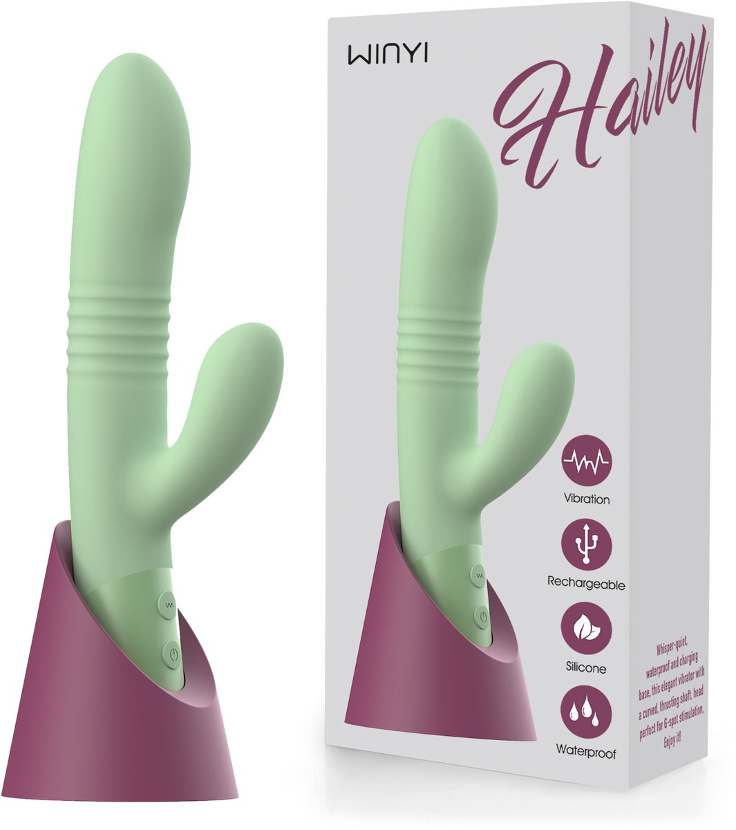 WINYI - Hailey - stotende tarzan vibrator - rabbit vibrator - twee trillende uiteinden - stille vibrator - G-spot en clitoris stimulatie - oplaadbaar met/zonder laadstation - waterdicht - matcha