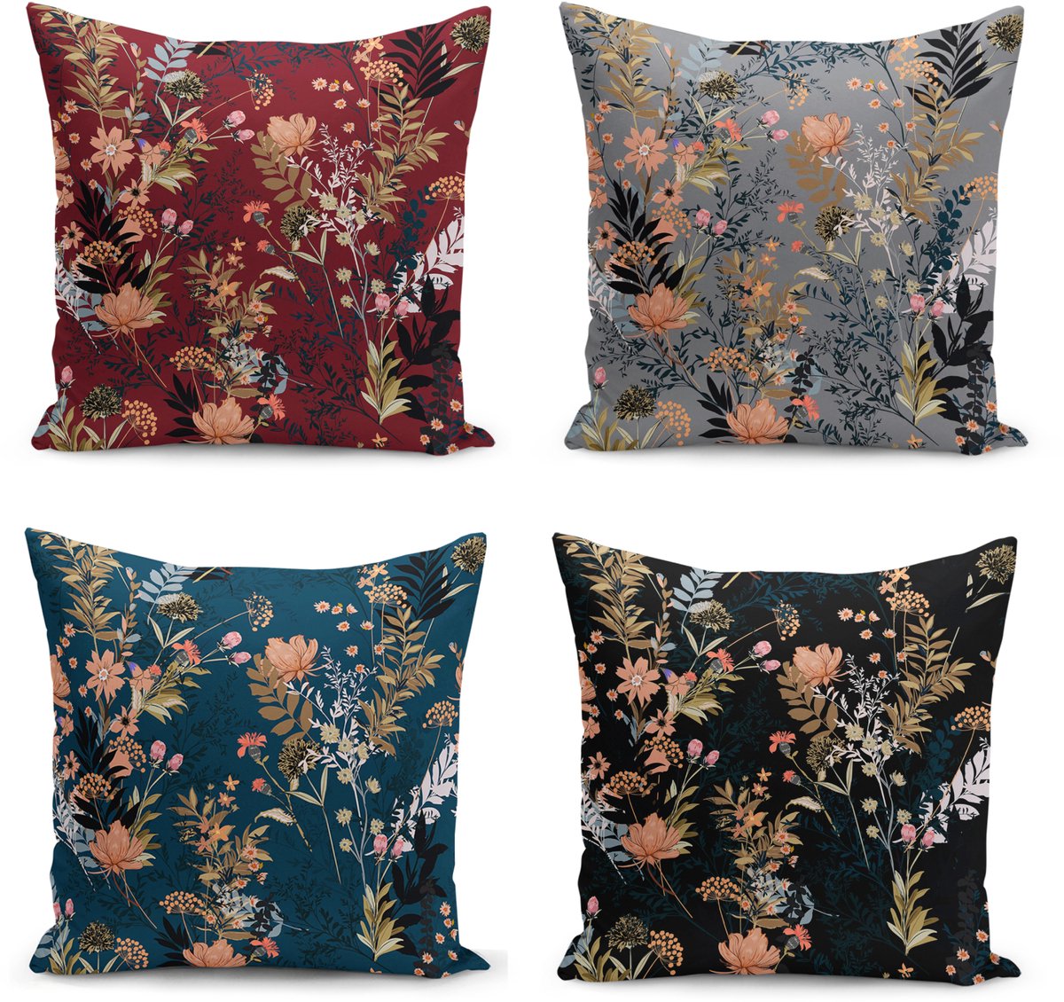 De Groen Home Velvet Kussenhoesjes - kussenhoes set van 4 - 50x50 - Bloemen - Aan beide zijdig bedrukt Bordeaux