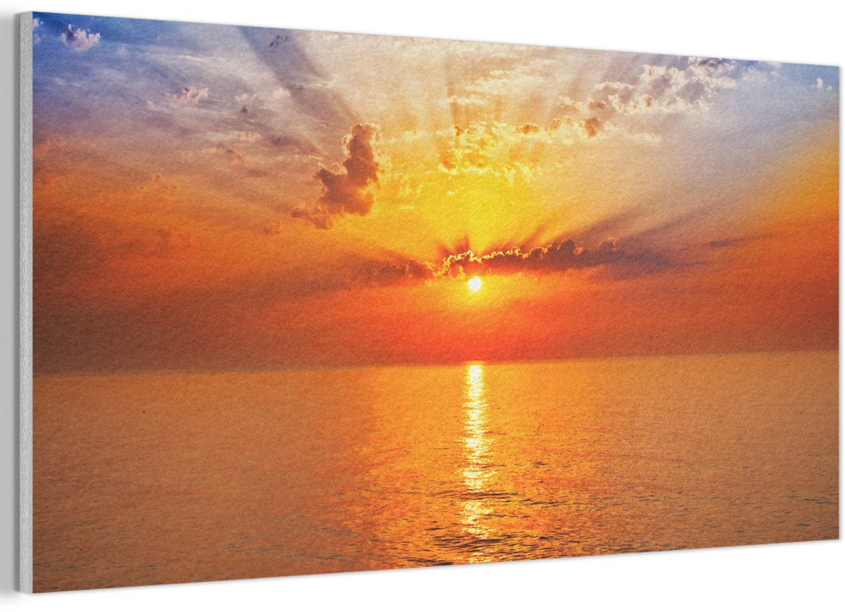 Akoestisch wandpaneel 80x40 cm - Vilt schilderij Zonsondergang - Zee - Lucht - Oranje - Horizon - Water - Akoestische panelen - Geluidsdempende wanddecoratie - Geluidsisolatie woonkamer - Muurdecoratie geluidspanelen