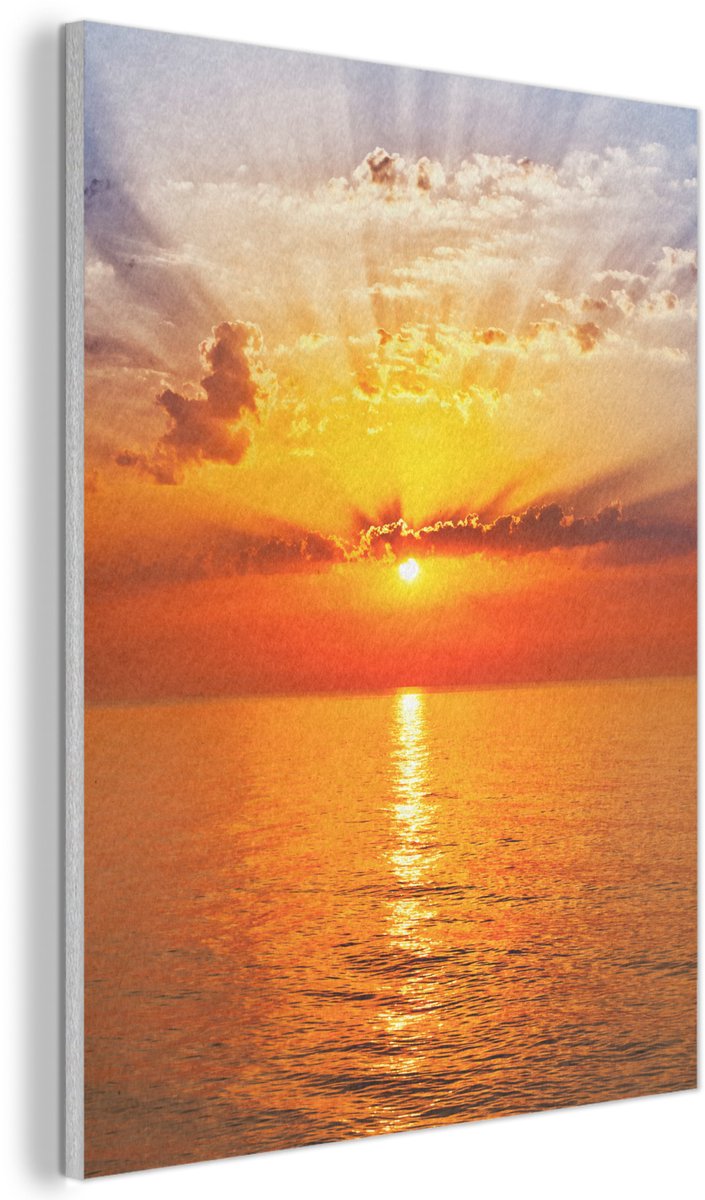 Akoestisch wandpaneel 70x100 cm - Vilt schilderij Zonsondergang - Zee - Lucht - Oranje - Horizon - Water - Akoestische panelen - Geluidsdempende wanddecoratie - Geluidsisolatie woonkamer - Muurdecoratie geluidspanelen
