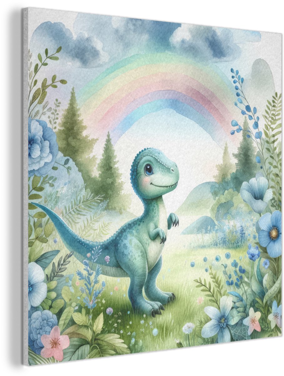 Akoestisch wandpaneel 90x90 cm - Vilt schilderij Dino - Baby - Regenboog - Dinosaurus - Akoestische panelen - Geluidsdempende wanddecoratie - Geluidsisolatie woonkamer - Muurdecoratie geluidspanelen
