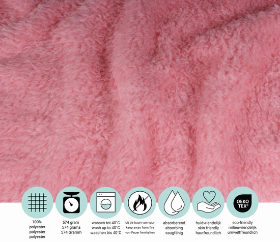 Roze teddy fleece met iconen: 100% polyester, 574 gram, wassen tot 40°C, buiten bereik van vuur, absorberend, huidvriendelijk, eco-friendly.