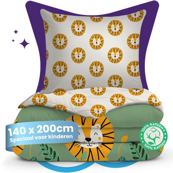 Slaapspeciaal eazydekbed® Kiddo – Wild – 140x200 cm – Kinderdekbed met Print + Kussensloop – All Year Dekbed – 100% Katoen – Dekbed Zonder Overtrek – Hoesloos Dekbed – Hypoallergeen – Anti-allergeen – Wasbaar & Drogergeschikt – Warmteklasse 2