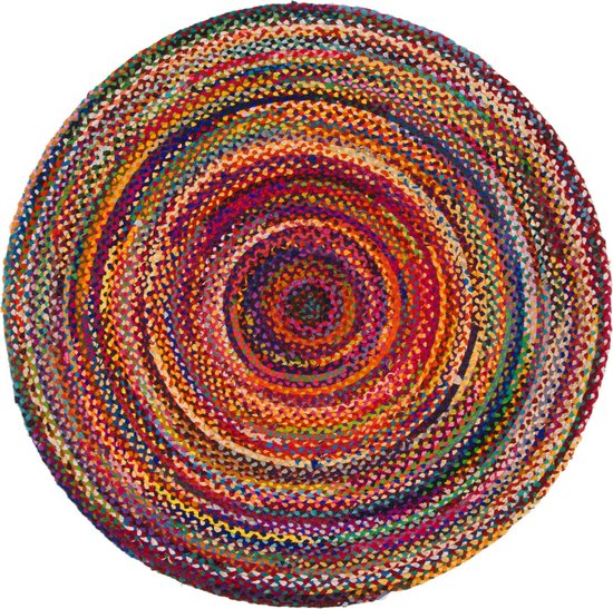 Tapis rond avec un motif en spirale en jute multicolore et coton recyclé.
