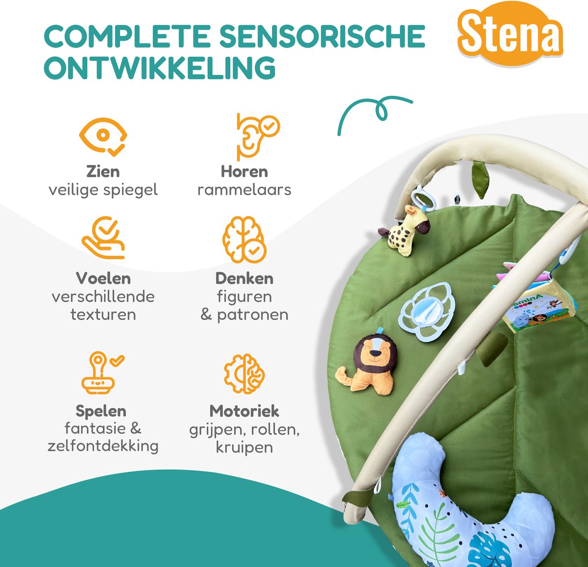Stena Babygym - Speelkleed Baby met Boog - Jungle - 8 Speeltjes - Speelmat - Trendy Design - 0 tot 18 Maanden — afbeelding 5