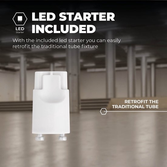 Een witte LED starter op een grijze achtergrond met tekst.