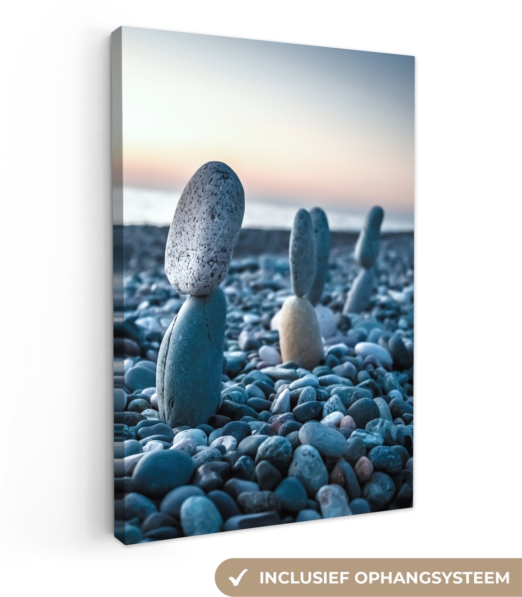 Canvas schilderij 120x180 cm - Wanddecoratie badkamer Zen stenen - Zonsondergang - Zee - M