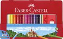 Rode Faber-Castell blik met 48 kleurpotloden, zichtbaar in een rij, met een kasteelafbeelding en accessoires op de voorkant.