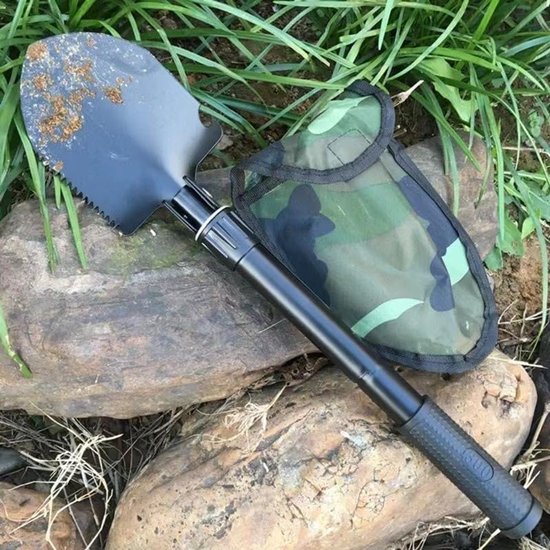 Opvouwbare schep, militair groen camouflage, metalen constructie, 4-in-1 multifunctioneel ontwerp met ergonomische rubberen handgreep, geschikt voor kamperen, avontuur, tuinieren en noodgevallen van Merkloos	 — afbeelding 4