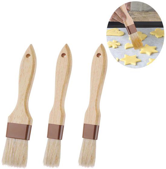 Bakkwast - Kookkwast - Voedselkwast - Boterkwast - Bakkwast - BBQ-sauskwast - Set van 3 - met everzwijnharen en beukenhouten handvat - Keukenbakkwast - voor koken en bakken - Gemakkelijk schoon te maken