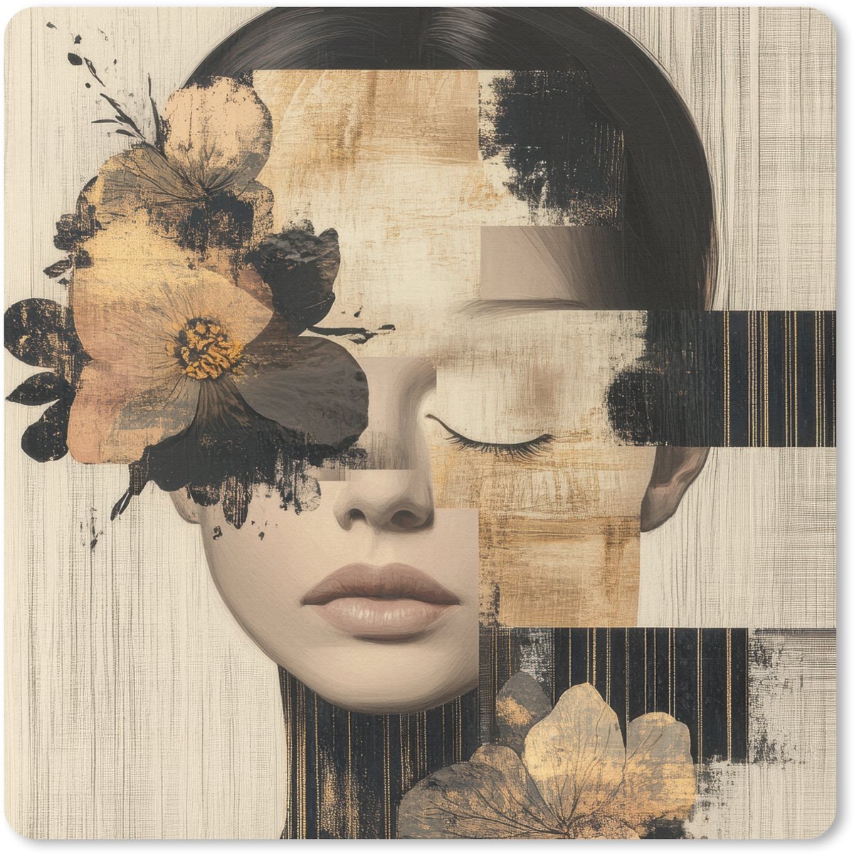 Muismat 20x20 cm - Mousepad Gezicht - Bloemen - Zwart - Vrouw - Muismatten