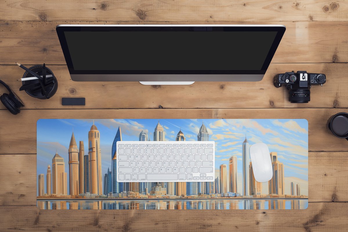 Muismat XXL 90x30 cm - Bureau onderlegger - Bureau mat Skyline - Wolkenkrabbers - Water - Blauw - Bureaumat - Gaming mousepad xl - Bureaulegger groot - Computer deskmat