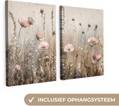 Tableau sur toile 120x80 cm - Décoration murale diptyque - Fleurs - Beige - Moderne - Rose - Décoration murale salon - Décoration chambre - Accessoires chambre - Peintures sur toile