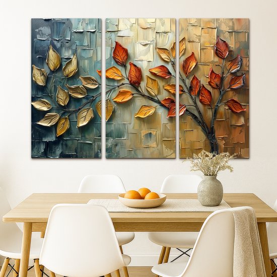 Ensemble de peinture sur toile 120x80 cm - Décoration murale triptyque - Arbre - Feuilles - Nature - Aspect peinture - Décoration murale murale salon - Décoration chambre - Accessoires chambre - Peintures sur toile