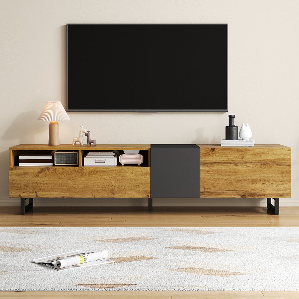 Pugsdrly TV-meubel in kleurblokken, eenvoudig ontwerp met contrasterende kleuren, drie deu