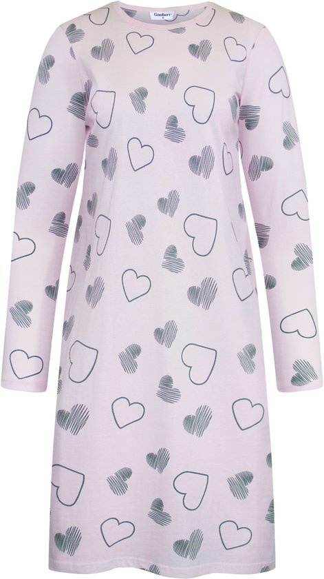 Gaubert Essential Dames Nachthemd Lange Mouw - Premium Gekamd Katoen - All-Over Print Big Hearts - Roze - Maat M - GB-6802