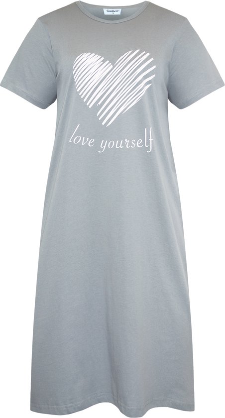 Grijze nachtjapon met korte mouwen, witte opdruk 'love yourself' en hart