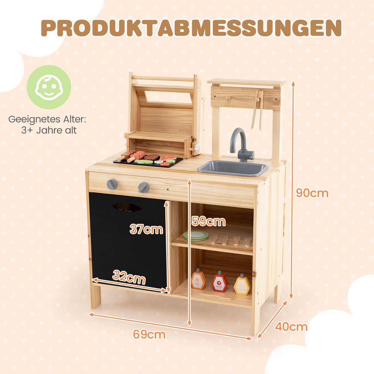 COSTWAY Modderkeuken voor kinderen, outdoor, kinderbarbecue met barbecue-accessoires, BBQ grill speelset met bord en spoelbak, speelkeuken, outdoorkeuken voor jongens en meisjes vanaf 3 jaar — afbeelding 3