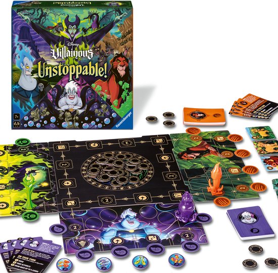 Disney Villainous Unstoppable spelbord met speelstukken, kaarten en dobbelstenen.