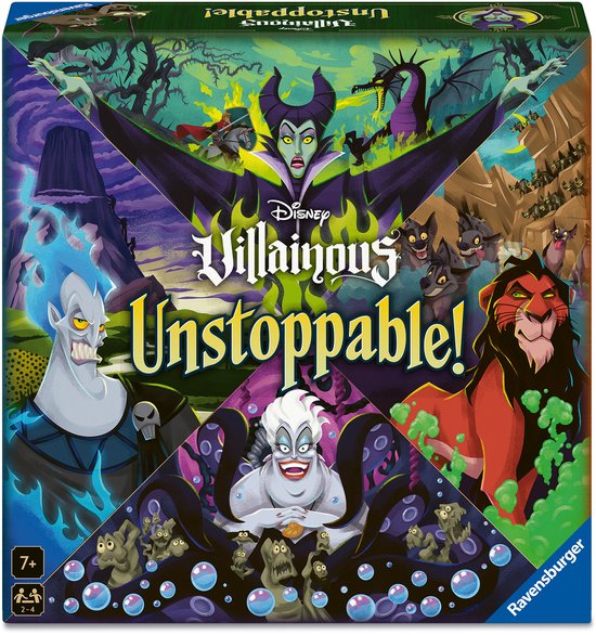 Doos van Disney Villainous Unstoppable met Maleficent, Hades, Ursula en Scar.