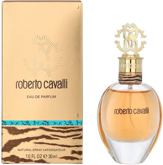 Gouden doos met roberto cavalli eau de parfum en bijpassende ronde fles met gouden dop.