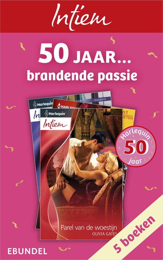 Intiem 50 jaar bundel met 5 romanceboeken op een roze achtergrond met gouden confetti.