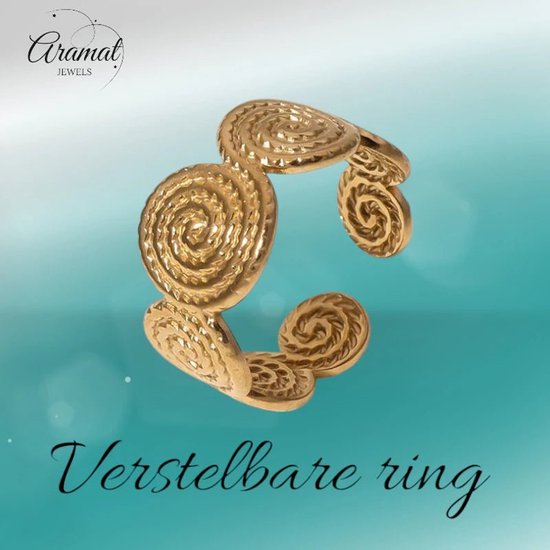 Verstelbare goudkleurige ring met gedraaide cirkelmotieven.