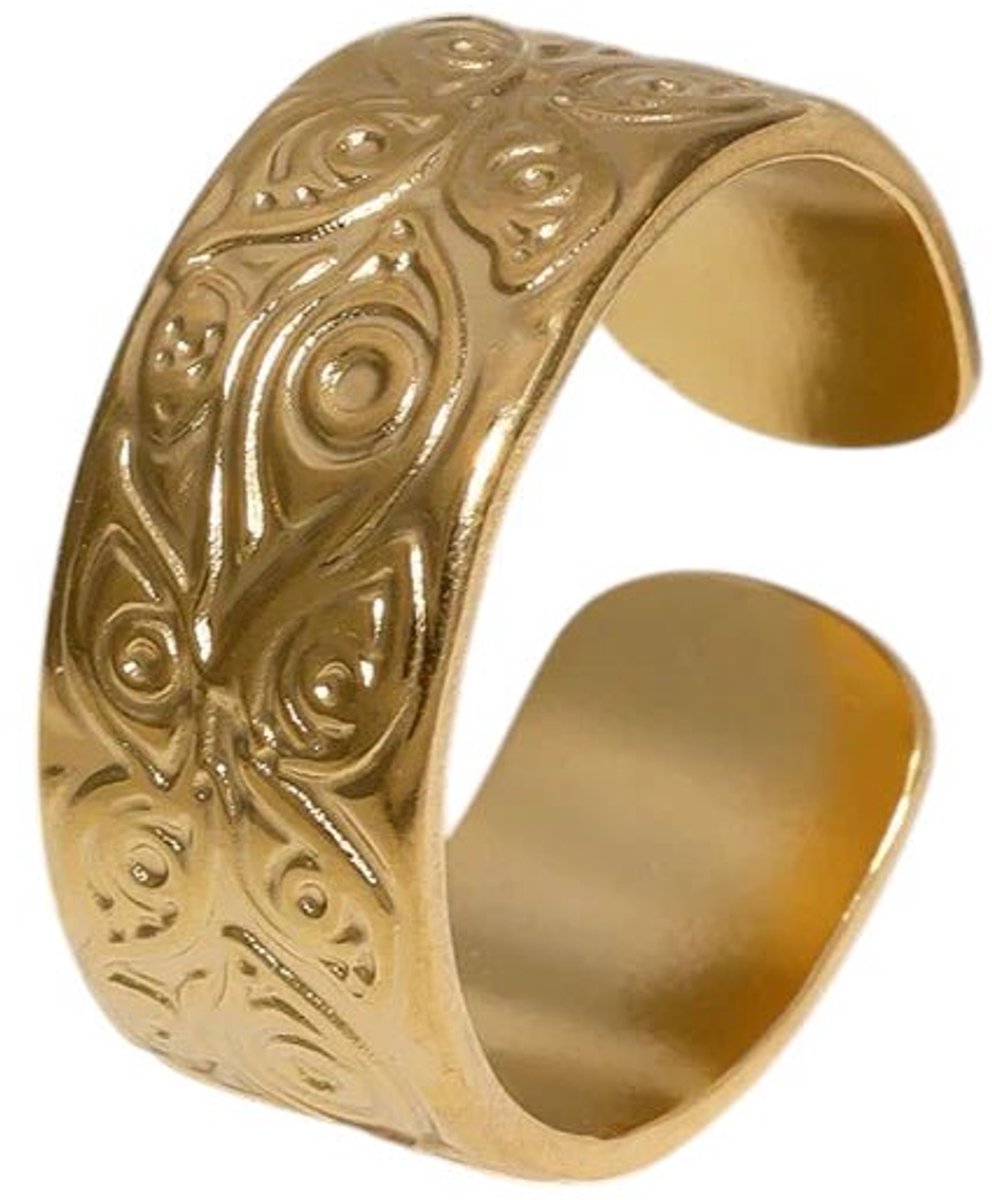 Aramat Jewels | Ringen | Stalen Damesring met Motief - Verstelbaar - 8mm - RVS | Goudkleur | |8mm | Staal | Volwassenen | Verkleurd niet