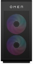 Zwarte OMEN gaming pc met dubbele ronde RGB ventilatoren op het front.