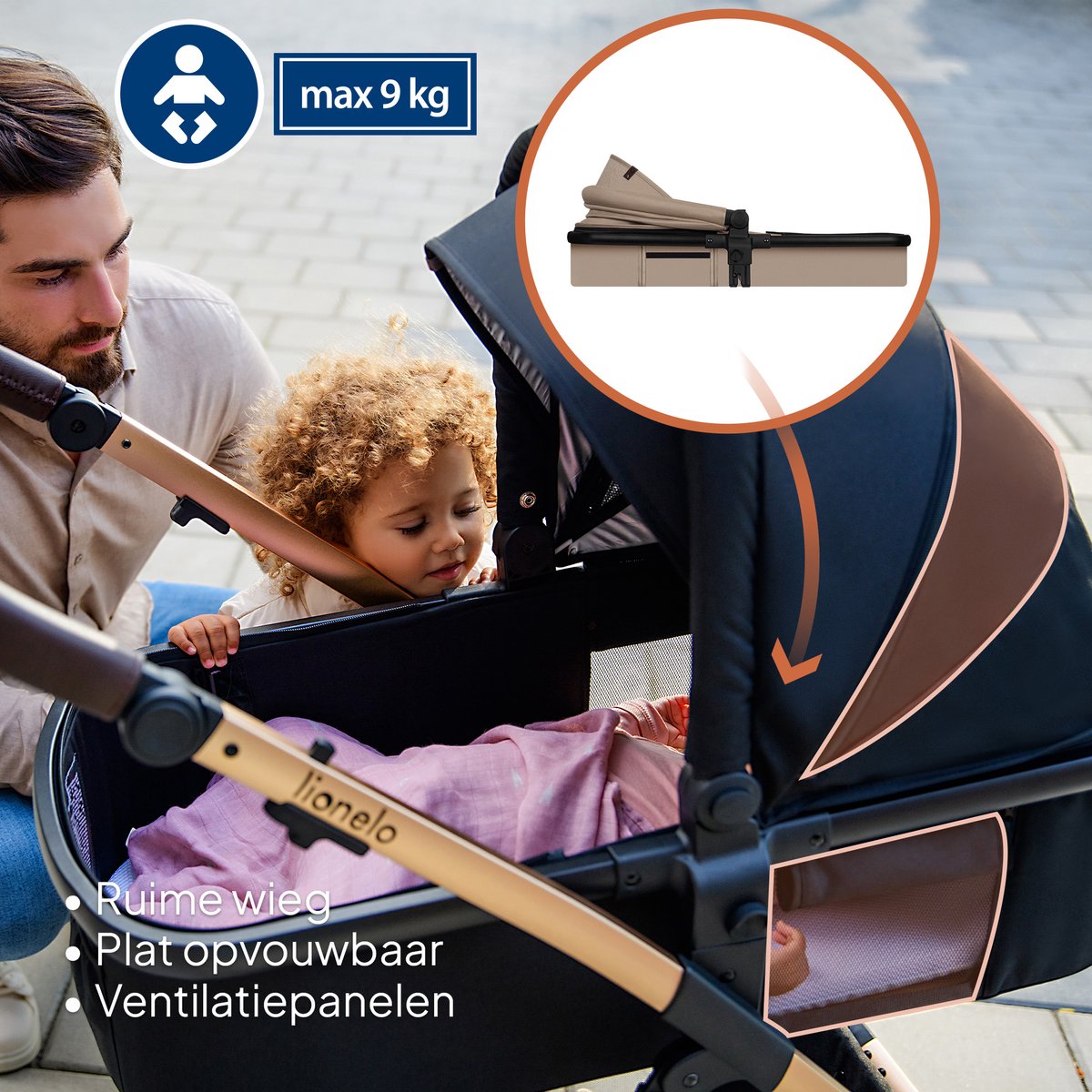 Lionelo Amber Kinderwagen 3 in 1 - Reiswieg + Buggy + Autostoel - Luchtbanden, Volledige Vering - Comfortabel baby matras - Snel Inklapbaar - Luiertas - Regenhoes - Muskietennet - Vanaf Geboorte tot 4 jaar (0-22 kg) – foto 5