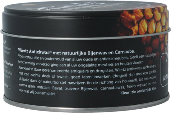 Zwarte blik met 'Wiertz Antiekwas' en productinformatie in het Duits.