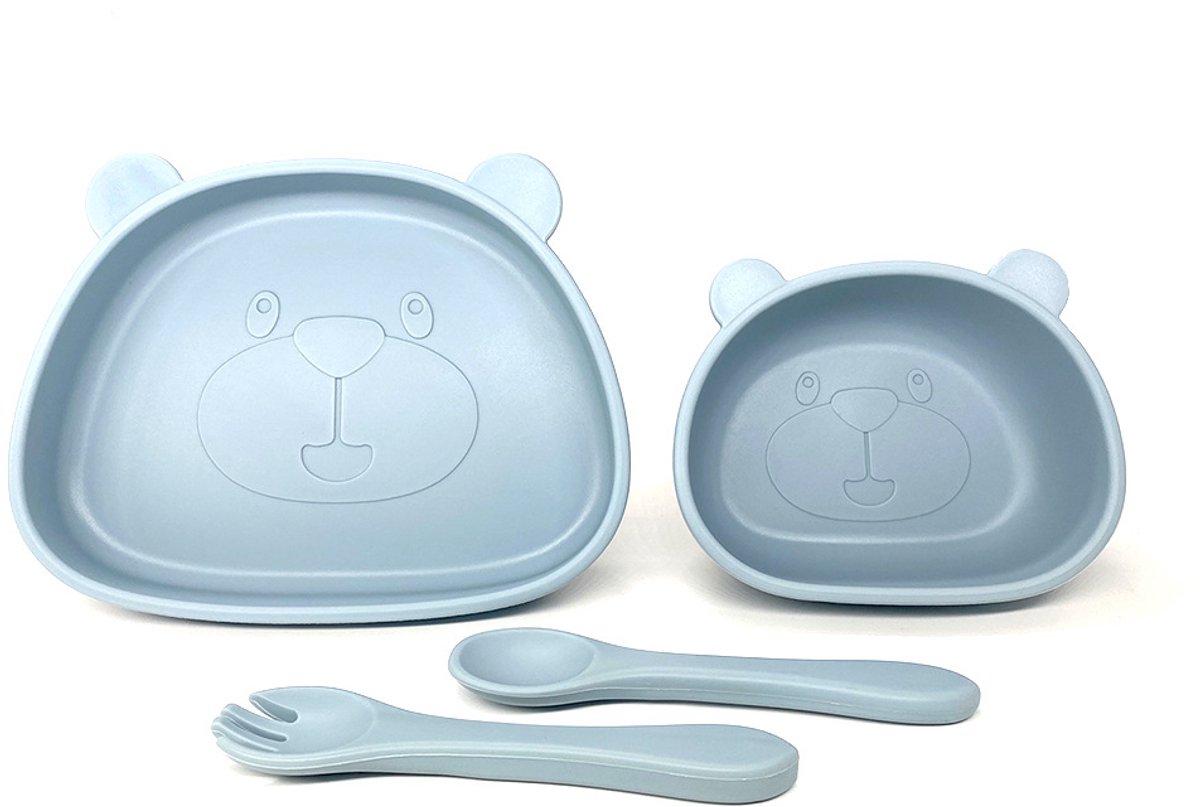 Image of 4-delige bestekset, babybestekset - met antislip zuignap + babyzuignap kom, lepel, vork, set bestekset, geschikt voor baby's vanaf 1 jaar siliconen bestek