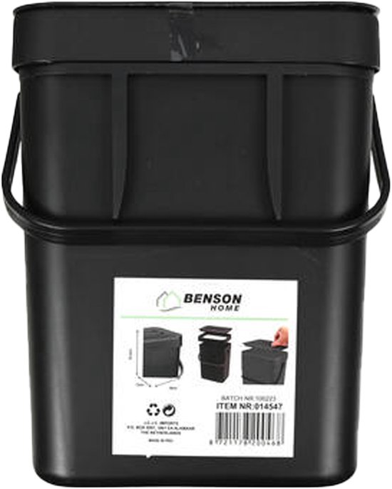 Zwarte Benson afvalbak met handvat en informatie-etiket. Afmetingen 16x13x21cm.