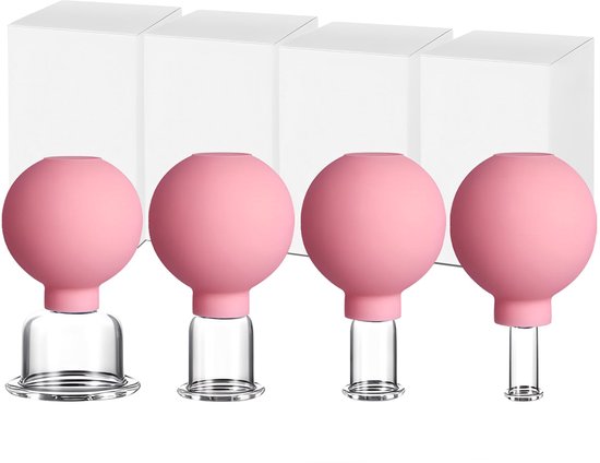 Vier roze cupping glazen met glazen onderkant en transparante siliconen bollen, met witte dozen op achtergrond.