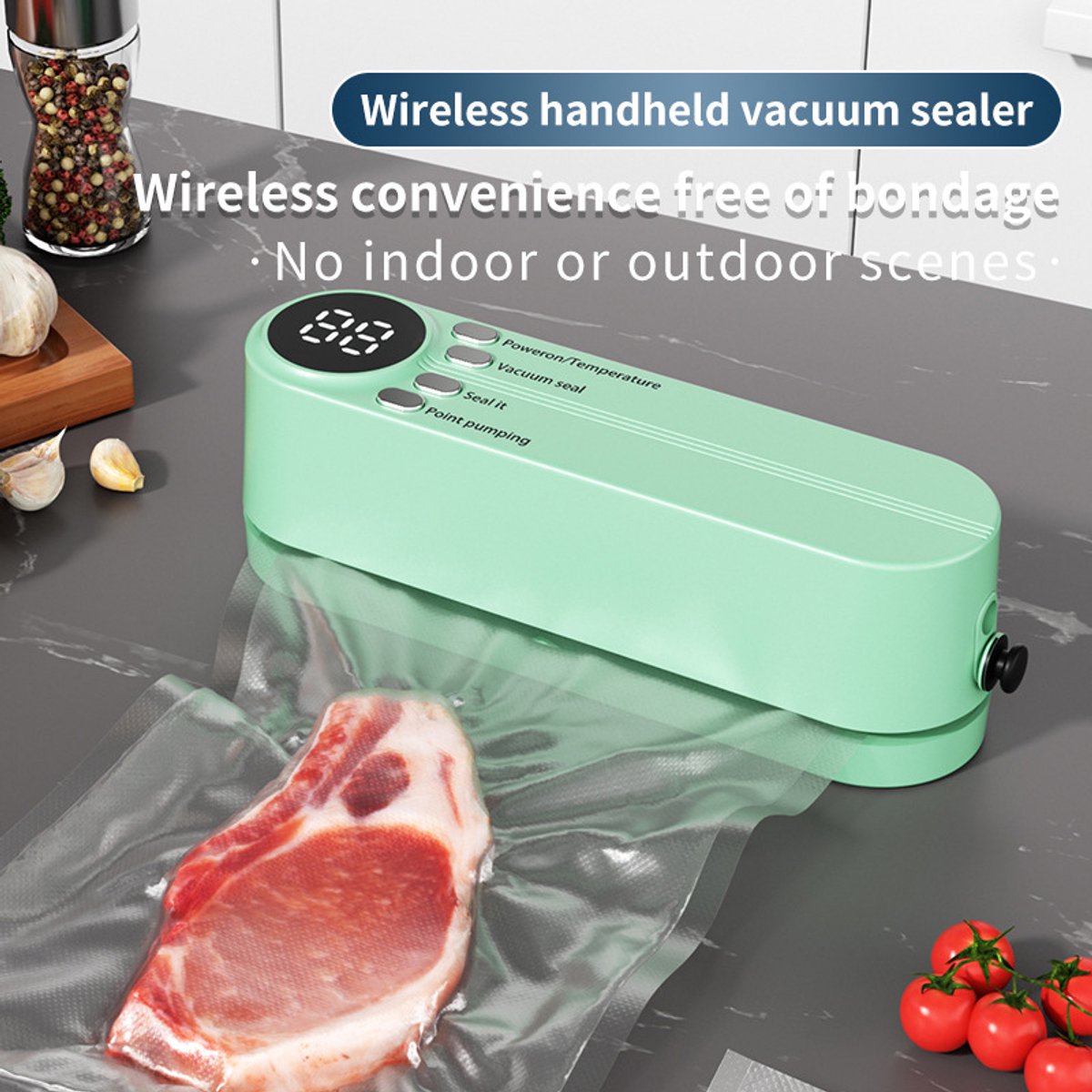 Home food sealer volautomatische sealmachine digitale screen screen keuken vacuum verpakkingsmachine, licht groen