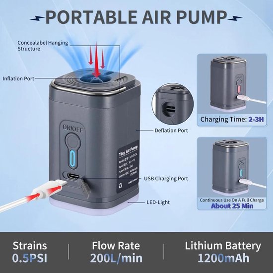 Mini draagbare luchtpomp met 1200 mah batterij die via USB opgeladen kan worden voor het opblazen en ontluchten van het water. Geschikt voor zwembaddrijvers, luchtbedden, vacuumopslagzakken van Merkloos — afbeelding 2