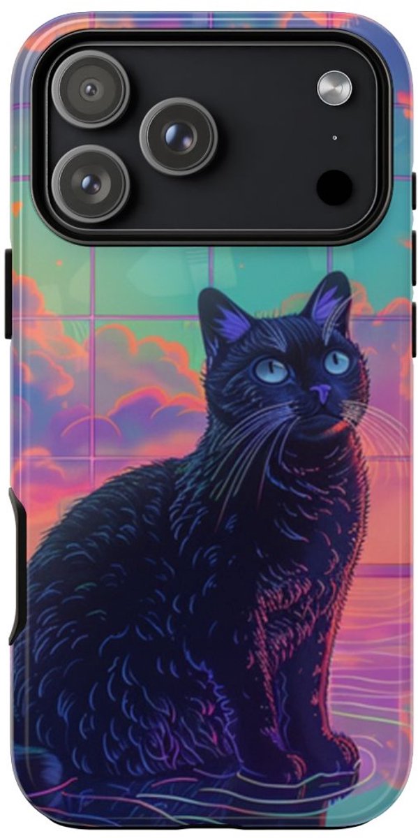 Zwarte Kat met Neonlucht Reflectie – Telefoonhoesje Geschikt voor iPhone 17 Pro Max