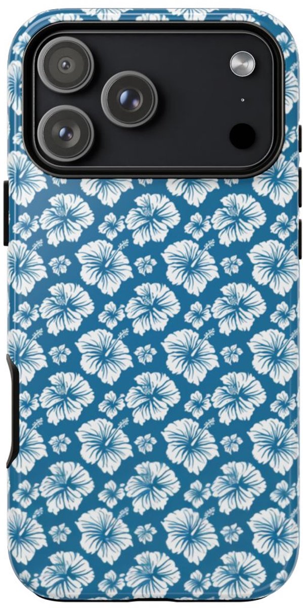 Wit Hawaïaans Bloemenpatroon op Blauw – Telefoonhoesje Geschikt voor iPhone 17 Pro Max