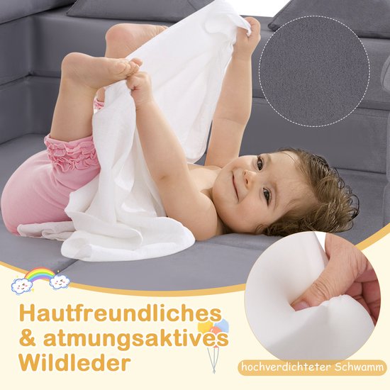 COSTWAY Modulaire kinderbank, 9-delige speelbank van schuimrubber, bouwstenen met comfortabele suède, modulaire bank voor kinderen om te spelen, creatief te zijn, te slapen (grijs) van COSTWAY — afbeelding 4