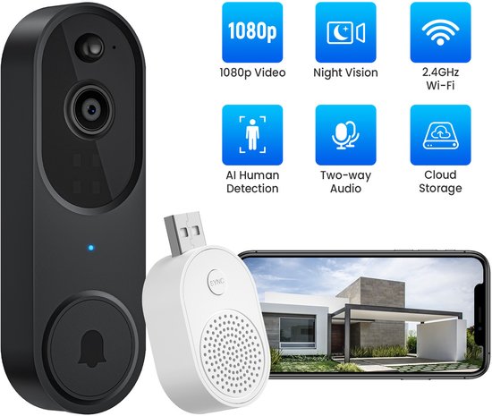 Slimme videodeurbel Draadloze afstandsbediening Spraak HD slimme deurbel, T50 Zwart — afbeelding 2