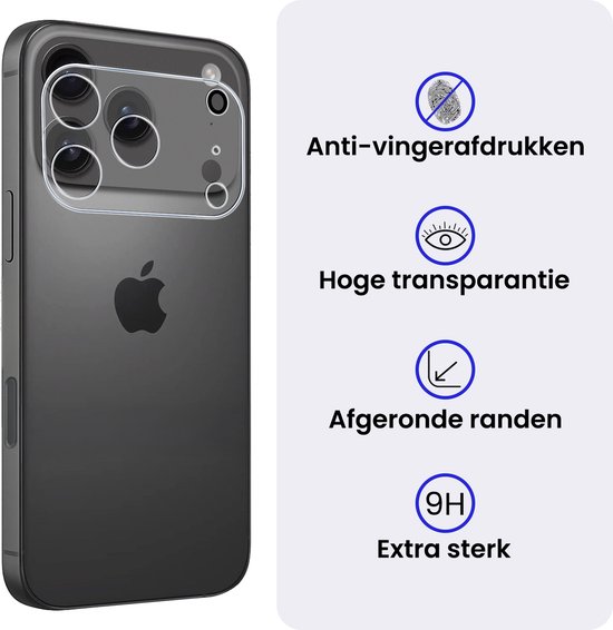 Donkergrijze iPhone met cameralensbeschermer. Kenmerken: anti-vingerafdrukken, hoge transparantie, afgeronde randen, extra sterk.