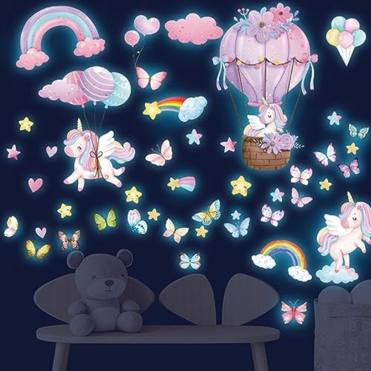 Lichtgevende Eenhoorn Muursticker Set voor Kinderkamer - Glow in the Dark Sterren, Regenboog en Vlinders - Zelfklevende Wanddecoratie voor Meisjeskamer en Babykamer